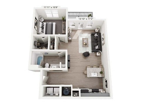 Floor plan for 1 bed, 1 bath, 788 sqft